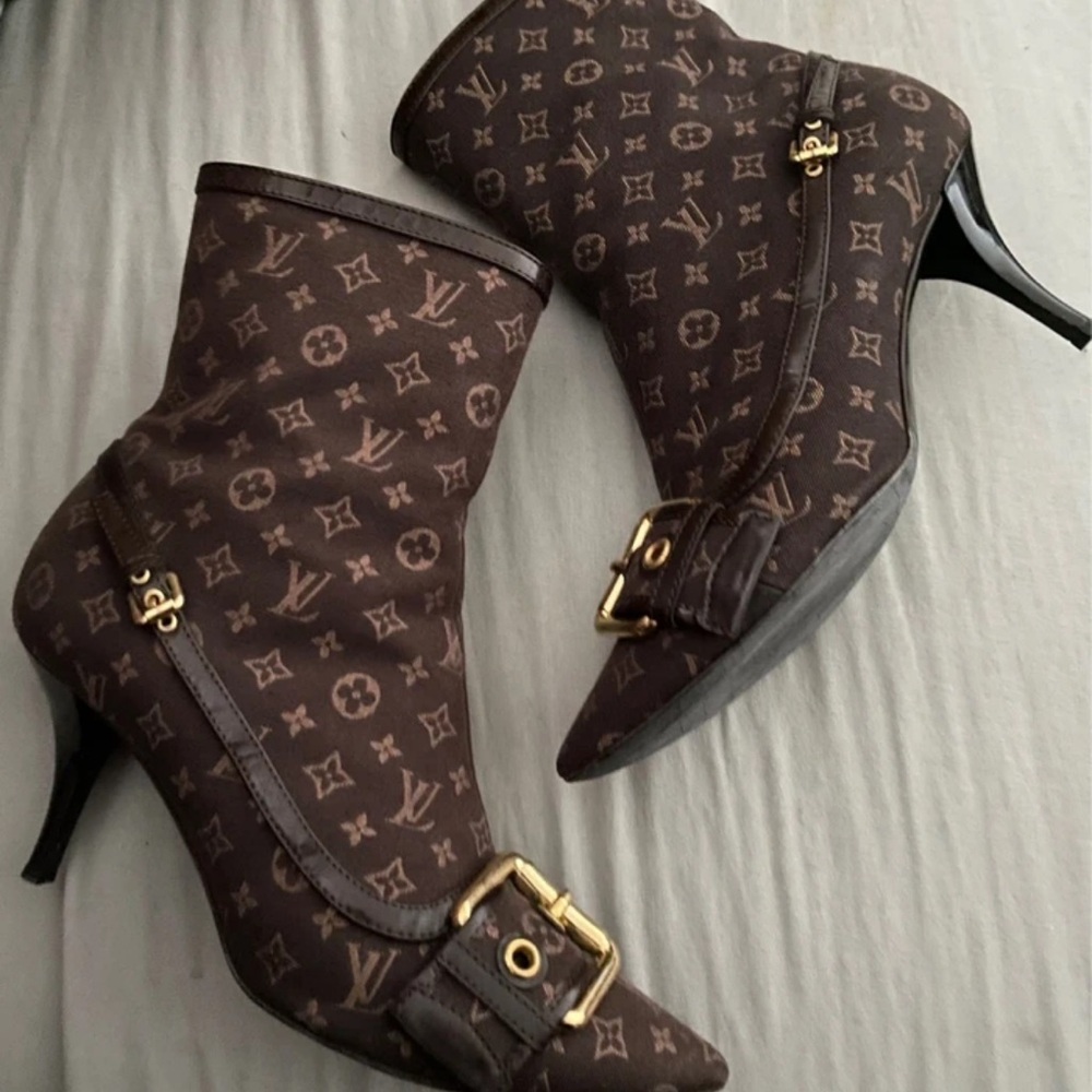 Louis Vuitton Monogram Heeled Boots with Gold Accents